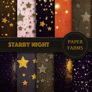 Night sky digital paper, space digital paper, gold star digital paper, night sky scrapbooking paper, instant download