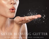 Silver blowing glitter overlay, silver glitter overlay, silver dust overlay, sparkle overlay, photoshop overlay, filter, glitter dust