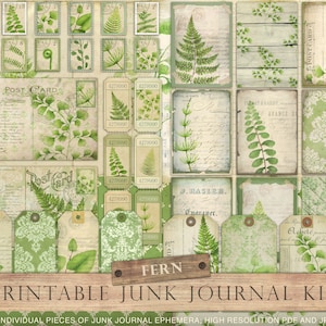 Fern junk journal kit, verdure, plantes, vert, junk journalling, scrapbooking, pdf, imprimable, feuilles, feuille, damassé, billets, étiquette, TÉLÉCHARGER