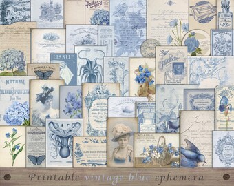 May include: A collection of vintage blue ephemera, including images of flowers, butterflies, and text. The ephemera is perfect for scrapbooking, card making, and other crafting projects.
