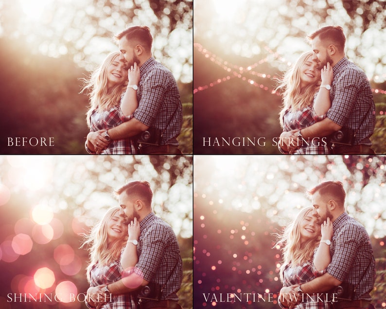 May include: A couple embraces in a warm, sunlit outdoor setting. The image shows four variations of the same photo, with different overlays: the original, a string of lights, a bokeh effect, and a twinkling light effect.