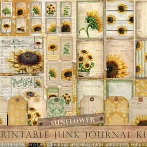 Sunflower junk journal kit, sunflower collage sheets, spring, summer, flowers, floral, yellow, junk journal, digital paper, ATC, DOWNLOAD