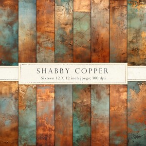 Peut inclure: Un pack de papier numérique avec 16 textures différentes de cuivre et de turquoise vieillis. Le pack s'appelle "Shabby Copper" et comprend des fichiers jpg de 30 x 30 cm à 300 dpi.