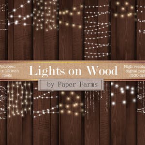 Fairy lights digitaal papier, digitaal papier, scrapbook papier, fairy lights, licht snaren, houten achtergrond, uitnodiging benodigdheden, rustiek