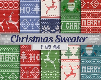 May include: Ten digital paper designs featuring Christmas sweater patterns. The patterns include reindeer, snowflakes, trees, Santa Claus, and the words "Merry" and "Ho Ho Ho".