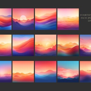 Pu&ograve; includere: Quattordici illustrazioni digitali di paesaggi astratti colorati con montagne, colline e un cielo al tramonto. Le immagini misurano 12 pollici per 12 pollici e 300 DPI.