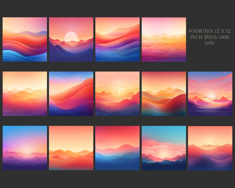 Pu&ograve; includere: Quattordici illustrazioni digitali di paesaggi astratti colorati con montagne, colline e un cielo al tramonto. Le immagini misurano 12 pollici per 12 pollici e 300 DPI.