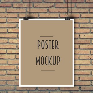 May include: A white framed poster mockup with a brown background and the text "POSTER MOCKUP" in black.