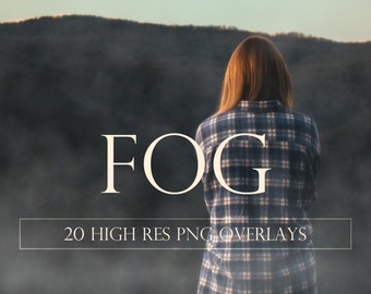 May include: A person wearing a blue and white plaid shirt stands in front of a foggy mountain landscape. The text "FOG" is superimposed on the image, along with the text "20 HIGH RES PNG OVERLAYS".