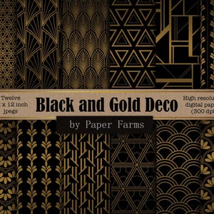 Black and gold Art Deco, digital paper, scrapbook paper, vintage, 1920&#39;s, 1930&#39;s, gold and black, Art Deco, Deco patterns, INSTANT DOWNLOAD