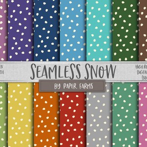 May include: Fourteen 12x12 inch digital papers featuring a seamless pattern of white snow on various colored backgrounds. The text "SEAMLESS SNOW" and "BY PAPER FARMS" is displayed on a gray banner.