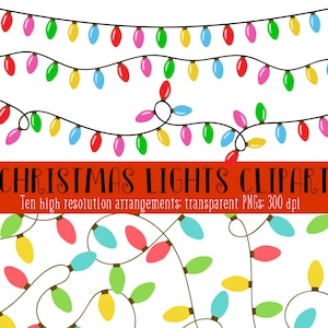 May include: Ten different arrangements of colorful Christmas lights strung on a black wire. The lights are red, green, yellow, blue, and pink. The lights are in a variety of positions, some are straight and some are curved. The image is on a white background.