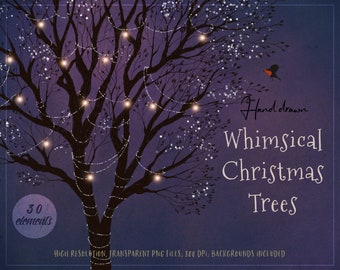 Christmas tree clipart, halloween, wedding, tree illustration, christmas trees, silhouettes, fairy lights, hand drawn, clipart, DOWNLOAD