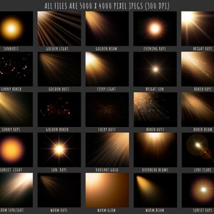 Puede incluir: Una colecci&oacute;n de 25 efectos de luz dorada, incluyendo destellos de sol, rayos y bokeh, todo sobre un fondo negro. Estos efectos de luz son perfectos para agregar un toque de magia a tus fotos y videos.