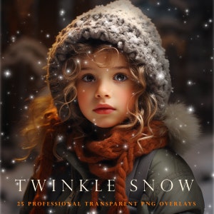 May include: A young girl wearing a gray knitted hat and a brown scarf with a snowy background. The image is overlaid with a sparkling effect, creating a wintery feel. The text "TWINKLE SNOW" and "25 PROFESSIONAL TRANSPARENT PNG OVERLAYS" is visible at the bottom of the image.
