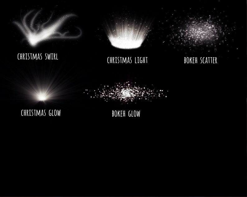 May include: Five different white light effects on a black background. The effects are labeled "Christmas Swirl", "Christmas Light", "Bokeh Scatter", "Christmas Glow", and "Bokeh Glow".