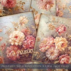 feuilles de journal rococo vintage, Français, floral, feuilles de collage, papier numérique, roses vintage, imprimables, roses peintes, minables, TÉLÉCHARGER