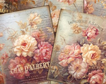 May include: Printable digital paper featuring a vintage floral design with pink and cream roses on a textured background. The paper includes the text "CHAS D'ALBERT" and "IMPRIMERIE A SALMON PORCABEFEA".