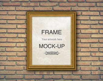 8 x 10 inch frame mockup, gold frame mockup, brick wall, artwork mockup, poster mockup, digital download, etsy listing mockup, styled stock