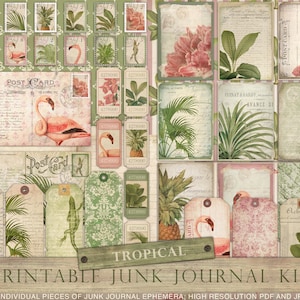 palm jungle junk journal greenery DOWNLOAD Tropical junk journal kit vintage tropical flamingo lizard collage sheets collage sheet