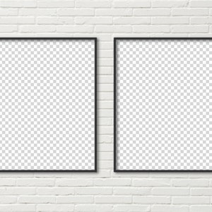 May include: Two black picture frames with a white brick wall background.
