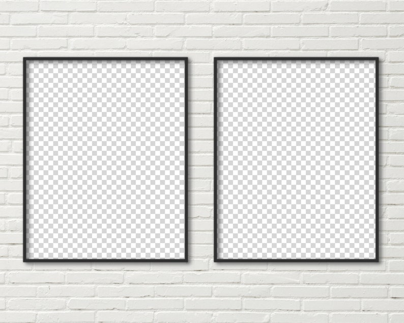May include: Two black picture frames with a white brick wall background.