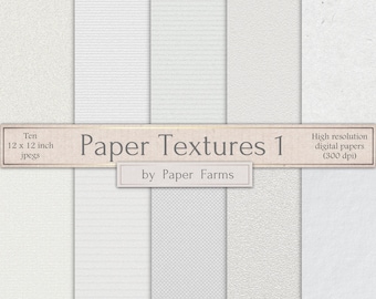 May include: A collection of ten 12 x 12 inch digital paper textures in various white and off-white patterns. The image includes the text "Paper Textures 1" and "by Paper Farms". High resolution digital papers (300 dpi).