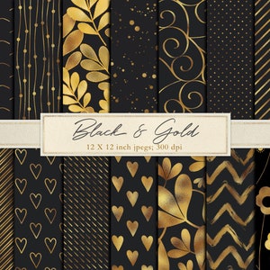 Schwarz und Gold Digitales Papier, schwarz und gold Scrapbook Papier, schwarz, gold, Folie, metallic, Metall, Blätter, Streifen, Blumen, Herzen, DOWNLOAD