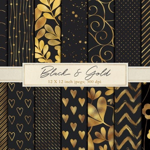 Black and gold digital paper, black and gold scrapbook paper, black, gold, foil, metallic, metal, leaves, stripes, flowers, hearts, DOWNLOAD image 1