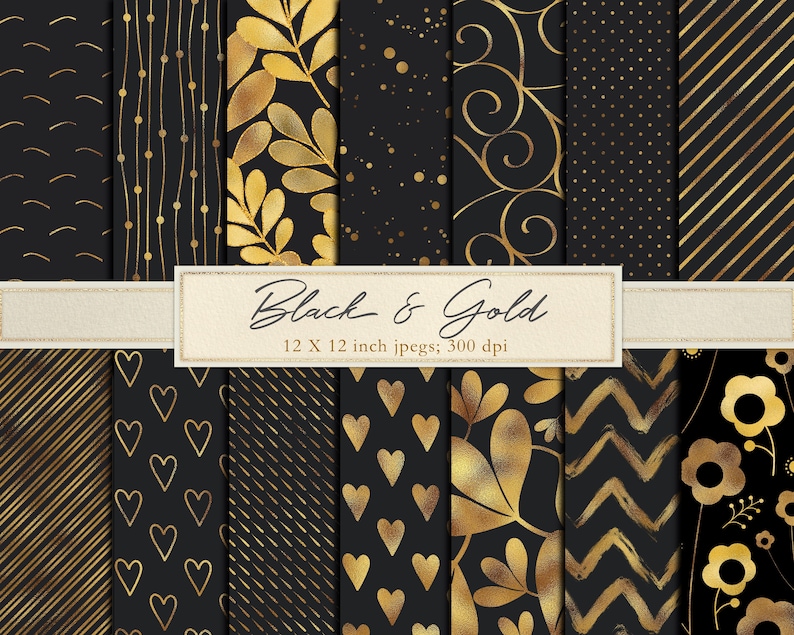 Black and gold digital paper, black and gold scrapbook paper, black, gold, foil, metallic, metal, leaves, stripes, flowers, hearts, DOWNLOAD image 1