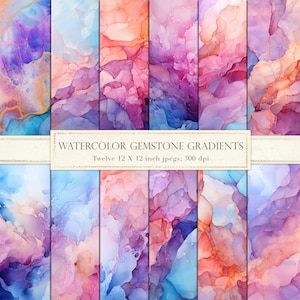 Watercolor gemstone gradient digital paper, watercolor digital paper, watercolor scrapbook paper, iridescent, pink, blue, teal, DOWNLOAD