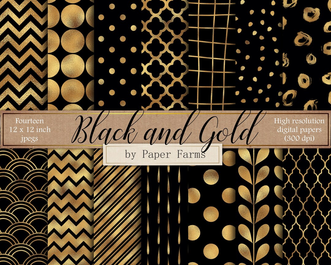 Black and Gold Digital Paper, Black and Gold Scrapbook Paper, Gold ...