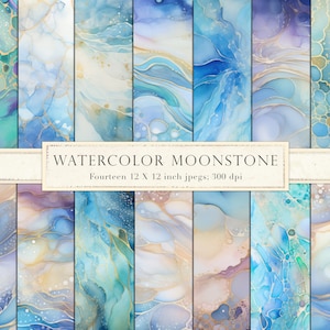May include: Fourteen digital paper designs featuring abstract watercolor patterns in shades of blue, teal, purple, and gold. The papers are 12 inches by 12 inches and 300 dpi.