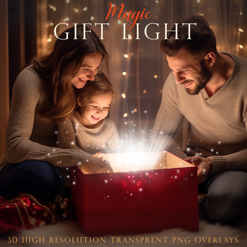 May include: A family of three opens a red gift box with a bright light shining out of it. The light is surrounded by sparkling particles. The text "Magic Gift Light" is at the top of the image.  30 high resolution transparent PNG overlays.