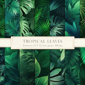 May include: A collection of fourteen digital images featuring lush, green tropical leaves. The images showcase a variety of leaf types, including monstera and palm leaves, in shades of green. The text "TROPICAL LEAVES" is displayed on a cream-colored banner.