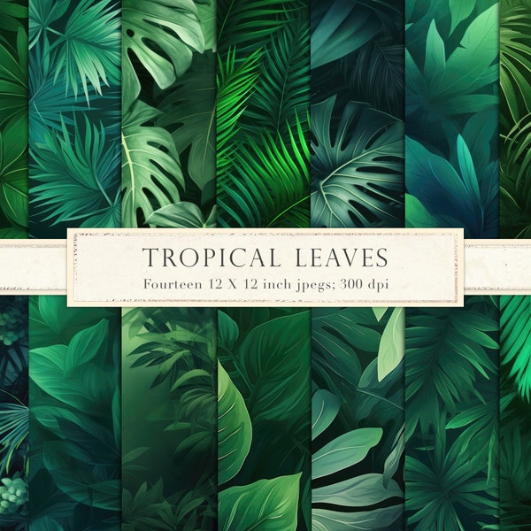 Tropical leaves, digital paper, scrapbook paper, backgrounds, patterns, dark green, tropical foliage, tropical forest, gradient, DOWNLOAD