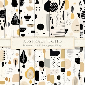 Könnte beinhalten: Vierzehn digitale Papierdesigns in einem Schwarz-, Weiß-, Beige- und Gelbschema. Die Muster zeigen abstrakte Formen, Punkte, Linien und geometrische Designs. Der Text "ABSTRACT BOHO" erscheint auf einem Banner oben im Bild. Vierzehn 12 x 12 Zoll jpgs: 300 dpi
