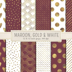 May include: Twelve digital paper patterns in maroon, gold, and white. The patterns include hearts, polka dots, waves, stripes, and more. Each pattern is 12 x 12 inches and 300 dpi.