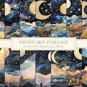 Nachthimmel digitales Papier, Papier Collage, goldene Sterne, Mond, Sternennacht, digitales Papier, Scrapbook Papier, Junk Journal, himmlisch, DOWNLOAD