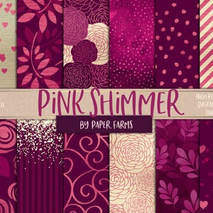 Glamour rosa, brillo rosa, brillo rosa, cerise, papel digital, papel de álbum de recortes, patrones, flores, hojas, corazón, uso comercial, DESCARGAR