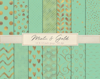 Mint gold digital paper, mint gold scrapbook paper, digital scrapbooking, mint gold wallpaper, instant download