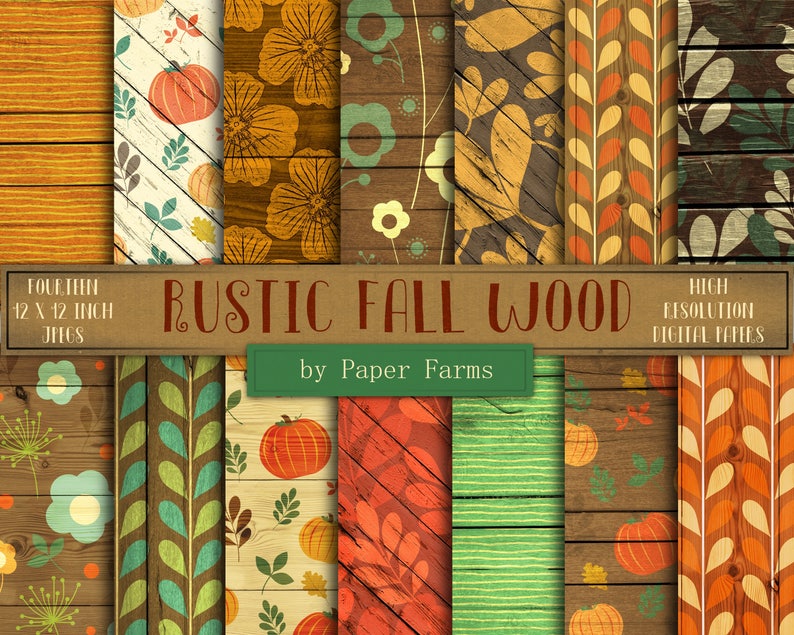 Rustic fall digital paper, rustic fall scrapbook paper, thanksgiving, rustic, autumn, leaves, pumpkins, flowers, wood backgrounds, DOWNLOAD image 1