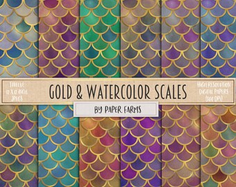 Mermaid scales digital paper, gold, watercolor, shells, scales, scrapbook paper, digital paper, mermaid, backgrounds, purple, teal, DOWNLOAD