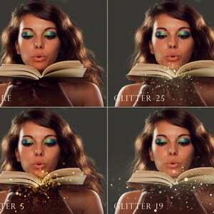 May include: A woman blowing glitter from an open book. The image is split into four sections, with the top left labelled "BEFORE." The other sections show the book with different amounts of glitter, labelled "GLITTER 25," "GLITTER 5," and "GLITTER 19."