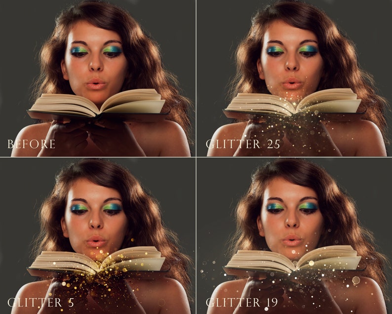 May include: A woman blowing glitter from an open book. The image is split into four sections, with the top left labelled "BEFORE." The other sections show the book with different amounts of glitter, labelled "GLITTER 25," "GLITTER 5," and "GLITTER 19."