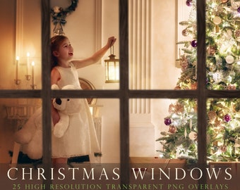 May include: A girl in a white dress holds a stuffed polar bear and a lantern while looking at a decorated Christmas tree through a window. The text "CHRISTMAS WINDOWS" and "25 HIGH RESOLUTION TRANSPARENT PNG OVERLAYS" is below the window.