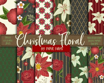 Christmas digital paper, Christmas flowers, Christmas scrapbook paper, Christmas floral, backgrounds, poinsettia, roses, glitter, lilies