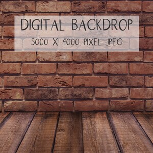 Könnte beinhalten: Digitaler Hintergrund mit einer rotbraunen Backsteinmauer und einem Holzboden. Der Text "DIGITAL BACKDROP" und "5000 X 4000 PIXEL JPEG" wird in einem weißen Rechteck angezeigt. Geeignet für digitale Fotografie.