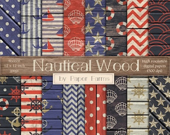 May include: Sixteen 12x12 inch digital papers with nautical themes. The papers feature various patterns including stripes, polka dots, anchors, seashells, stars, and steering wheels. The papers are set against a wood background.