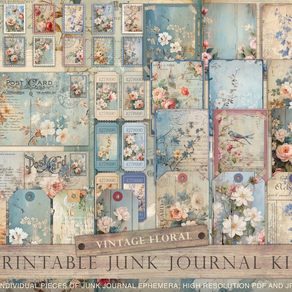Vintage flowers, junk journal kit, vintage floral, botanical, printable, junk journal, roses, shabby chic, tags,  collage sheets, DOWNLOAD